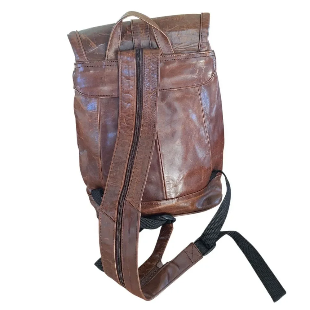 Vintage Boho Waxed Brown Leather Backpack Convertible Strap Rucksack Knapsack